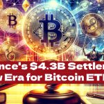 Scale of justice in front of a futuristic cityscape with cryptocurrency symbols like Bitcoin and Ethereum, emphasizing Binance's $4.3 billion settlement and its impact on Bitcoin ETFs.